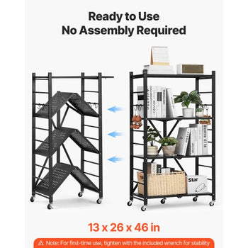4-Tier Foldable Storage Shelf, 26W x 13D x 46H Inch Folding Metal Rack Shelving Unit, No Assembly Organizer Shelf with 5 Wheels & 4 Hooks for Pantry, Kitchen, Garage, Basement, Black