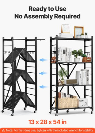 4-Tier Foldable Storage Shelf, 28W x 13D x 54H Inch Folding Metal Rack Shelving Unit, No Assembly Organizer Shelf with 5 Wheels & 4 Hooks for Pantry, Kitchen, Garage, Basement, Black