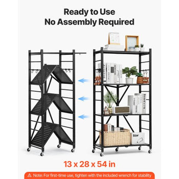 4-Tier Foldable Storage Shelf, 28W x 13D x 54H Inch Folding Metal Rack Shelving Unit, No Assembly Organizer Shelf with 5 Wheels & 4 Hooks for Pantry, Kitchen, Garage, Basement, Black