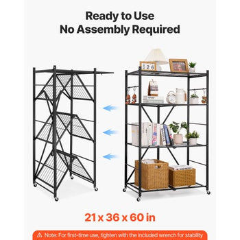 4-Tier Foldable Storage Shelf, 36W x 21D x 60H Inch Folding Metal Rack Shelving Unit, No Assembly Organizer Shelf with 5 Wheels & 4 Hooks for Pantry, Kitchen, Garage, Basement, Black