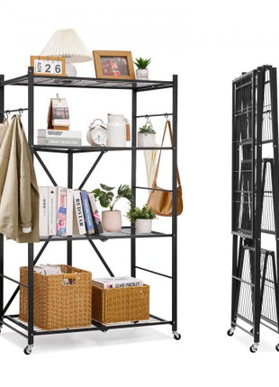 4-Tier Foldable Storage Shelf, 36W x 21D x 60H Inch Folding Metal Rack Shelving Unit, No Assembly Organizer Shelf with 5 Wheels & 4 Hooks for Pantry, Kitchen, Garage, Basement, Black