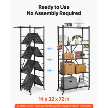 5-Tier Foldable Storage Shelf, 32W x 14D x 72H Inch Folding Metal Rack Shelving Unit, No Assembly Organizer Shelf with 5 Wheels & 4 Hooks for Pantry, Kitchen, Garage, Basement, Black