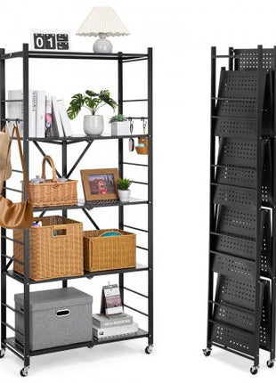 5-Tier Foldable Storage Shelf, 32W x 14D x 72H Inch Folding Metal Rack Shelving Unit, No Assembly Organizer Shelf with 5 Wheels & 4 Hooks for Pantry, Kitchen, Garage, Basement, Black