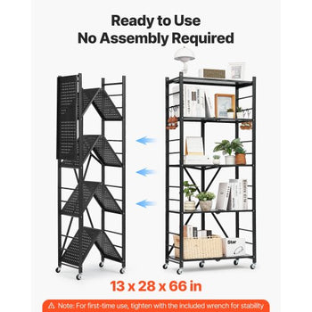 5-Tier Foldable Storage Shelf, 28W x 13D x 66H Inch Folding Metal Rack Shelving Unit, No Assembly Organizer Shelf with 5 Wheels & 4 Hooks for Pantry, Kitchen, Garage, Basement, Black