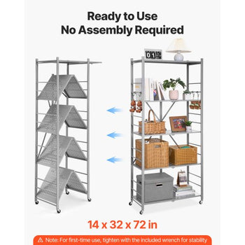 5-Tier Foldable Storage Shelf, 32W x 14D x 72H Inch Folding Metal Rack Shelving Unit, No Assembly Organizer Shelf with 5 Wheels & 4 Hooks for Pantry, Kitchen, Garage, Basement, Grey