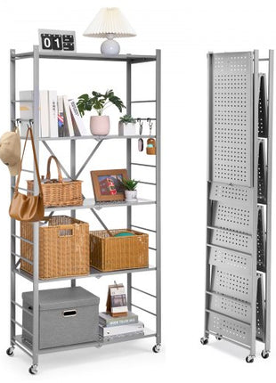 5-Tier Foldable Storage Shelf, 32W x 14D x 72H Inch Folding Metal Rack Shelving Unit, No Assembly Organizer Shelf with 5 Wheels & 4 Hooks for Pantry, Kitchen, Garage, Basement, Grey