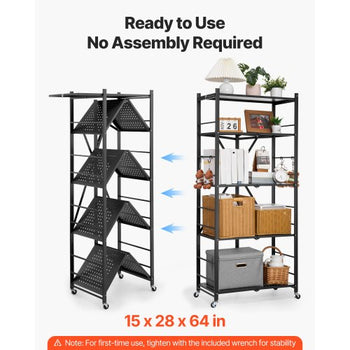 5-Tier Foldable Storage Shelf, 28W x 15D x 64H Inch Folding Metal Rack Shelving Unit, No Assembly Organizer Shelf with 5 Wheels & 4 Hooks for Pantry, Kitchen, Garage, Basement, Black