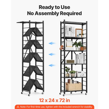 6-Tier Foldable Storage Shelf, 24W x 12D x 72H Inch Folding Metal Rack Shelving Unit, No Assembly Organizer Shelf with 5 Wheels & 4 Hooks for Pantry, Kitchen, Garage, Basement, Black