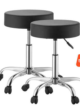 Rolling Stools with Wheels, Set of 2, 500 lbs Weight Capacity, Height Adjustable, Thick Cushion Ergonomic PU Leather Seat, 360° Swivel Round Rolling Stool Chair for Salon, Spa, Clinic, Black