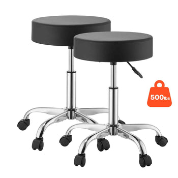 Rolling Stools with Wheels, Set of 2, 500 lbs Weight Capacity, Height Adjustable, Thick Cushion Ergonomic PU Leather Seat, 360° Swivel Round Rolling Stool Chair for Salon, Spa, Clinic, Black
