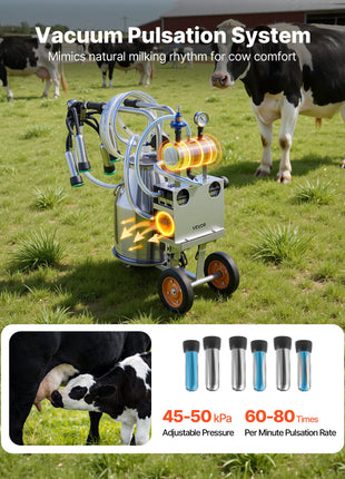 Electric Cow Milking Machine, 6.6 Gal / 25 L 304 Stainless Steel Bucket, Food-Grade Teat Cups and Silicone Hose, Strong Suction, Vacuum Pulsation, Electric Milker Machine with Wheels for Cow