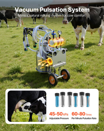 Electric Cow Milking Machine, 6.6 Gal / 25 L 304 Stainless Steel Bucket, Food-Grade Teat Cups and Silicone Hose, Strong Suction, Vacuum Pulsation, Electric Milker Machine with Wheels for Cow