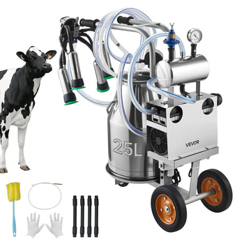 Electric Cow Milking Machine, 6.6 Gal / 25 L 304 Stainless Steel Bucket, Food-Grade Teat Cups and Silicone Hose, Strong Suction, Vacuum Pulsation, Electric Milker Machine with Wheels for Cow