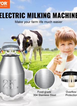 Electric Cow Milking Machine, 6.6 Gal / 25 L 304 Stainless Steel Bucket, Automatic Pulsation Vacuum Milker, Portable Milker with Food-grade Silicone Cups and Tubes, Adjustable Pressure