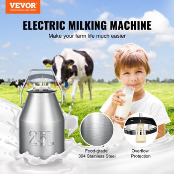 Electric Cow Milking Machine, 6.6 Gal / 25 L 304 Stainless Steel Bucket, Automatic Pulsation Vacuum Milker, Portable Milker with Food-grade Silicone Cups and Tubes, Adjustable Pressure