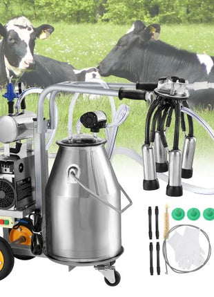 Electric Cow Milking Machine, 6.6 Gal / 25 L 304 Stainless Steel Bucket, Automatic Pulsation Vacuum Milker, Portable Milker with Food-grade Silicone Cups and Tubes, Adjustable Pressure