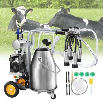 Stainless steel electric milking machine with a 25L tank, complete with hoses, cups, and accessories. Perfect for dairy farming.