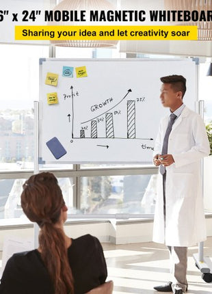 Mobile Magnetic Whiteboard, 36 x 24 Inch, Double Sided, 360 Degree Reversible Rolling Dry Erase Board, Height Adjustable with Aluminum Frame and Lockable Swivel Wheels, for Office School Home