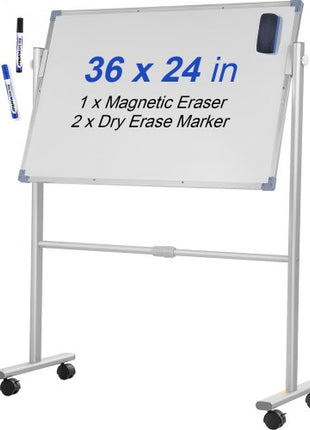 Mobile Magnetic Whiteboard, 36 x 24 Inch, Double Sided, 360 Degree Reversible Rolling Dry Erase Board, Height Adjustable with Aluminum Frame and Lockable Swivel Wheels, for Office School Home