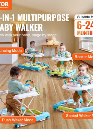 4-in-1 Baby Walker, Foldable Baby Activity Center on Wheels, 3 Adjustable Height, Music & Toys Tray, Learning-Seated | Walk-Behind | Rocker | Bouncer Toddler Walker for Girls Boys 6-24 Months