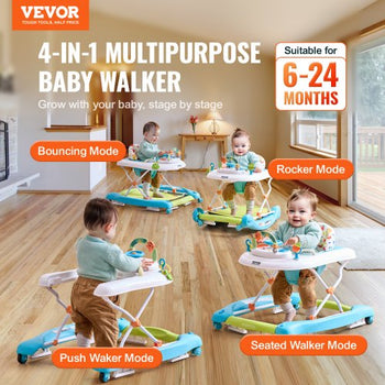 4-in-1 Baby Walker, Foldable Baby Activity Center on Wheels, 3 Adjustable Height, Music & Toys Tray, Learning-Seated | Walk-Behind | Rocker | Bouncer Toddler Walker for Girls Boys 6-24 Months