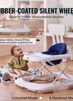 Baby Walker, Foldable Baby Walkers with 3-Level Adjustable Height, Rolling Toddler Walker and Activity Center with Wheels & Feeding Tray, Anti-Rollover Activity Helper for Boy Girl 6-12 Months