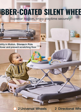 4-in-1 Baby Walker, Foldable Baby Activity Center on Wheels, 3 Adjustable Height, Music & Toys Tray, Learning-Seated | Walk-Behind | Rocker | Bouncer Toddler Walker for Girls Boys  6-24 Months