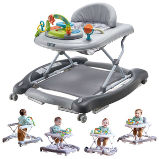 4-in-1 Baby Walker, Foldable Baby Activity Center on Wheels, 3 Adjustable Height, Music & Toys Tray, Learning-Seated | Walk-Behind | Rocker | Bouncer Toddler Walker for Girls Boys  6-24 Months