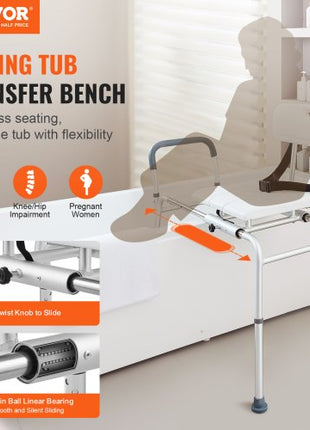 Sliding Tub Transfer Bench, Height Adjustable Bathtub Transfer Bench with Cut-Out Seat, Reversible Backrest & Safety Belt, Non-Slip Shower Chair for Elderly Disabled Handicap, 400LBS Capacity