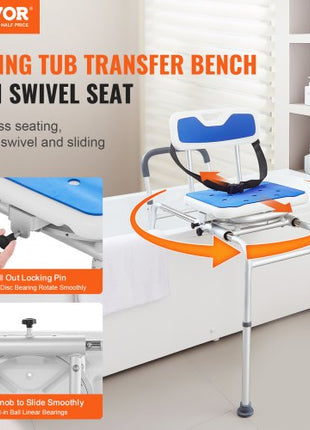 Sliding Tub Transfer Bench with 360 Degree Swivel Seat, Height Adjustable Bathtub Transfer Bench with Armrest & Safety Belt, Non-Slip Rotating Shower Chair for Elderly Disabled, 400LBS Capacity
