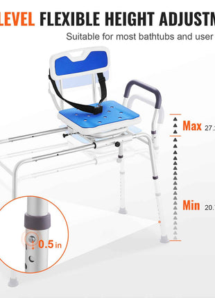 Sliding Tub Transfer Bench with 360 Degree Swivel Seat, Height Adjustable Bathtub Transfer Bench with Armrest & Safety Belt, Non-Slip Rotating Shower Chair for Elderly Disabled, 400LBS Capacity