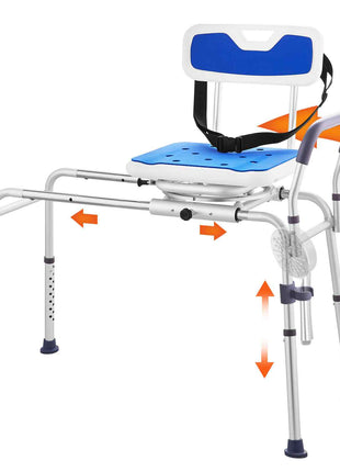 Sliding Tub Transfer Bench with 360 Degree Swivel Seat, Height Adjustable Bathtub Transfer Bench with Armrest & Safety Belt, Non-Slip Rotating Shower Chair for Elderly Disabled, 400LBS Capacity
