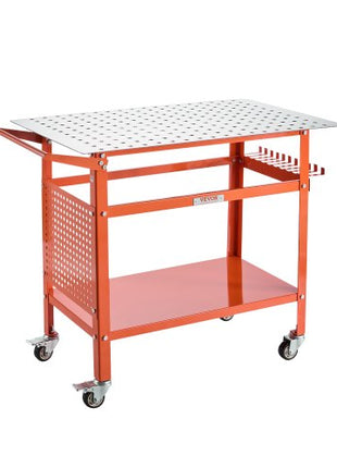 Welding Table, 40" x 24" Welding Workbench Table with 800LBS Static Weight Capacity, Movable Steel Work Bench with 4 Wheels (2 with Brake), Double-Layer Storage Board and 5/8-inch Fixture Holes