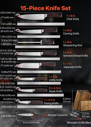 Kitchen Knife Set with Block and Sharpener, 15 Piece High Carbon Stainless Steel Knife Set, Rust-Resistant Kitchen Cutlery with Ergonomic Handle, Sharpening Rod & Premium Wooden Block, for Home