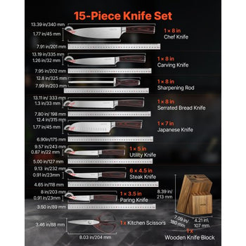 Kitchen Knife Set with Block and Sharpener, 15 Piece High Carbon Stainless Steel Knife Set, Rust-Resistant Kitchen Cutlery with Ergonomic Handle, Sharpening Rod & Premium Wooden Block, for Home