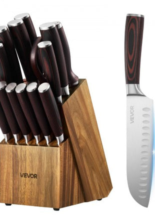 Kitchen Knife Set with Block and Sharpener, 15 Piece High Carbon Stainless Steel Knife Set, Rust-Resistant Kitchen Cutlery with Ergonomic Handle, Sharpening Rod & Premium Wooden Block, for Home