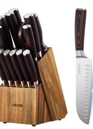 Kitchen Knife Set with Block and Sharpener, 15 Piece High Carbon Stainless Steel Knife Set, Rust-Resistant Kitchen Cutlery with Ergonomic Handle, Sharpening Rod & Premium Wooden Block, for Home