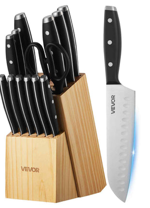 Kitchen Knife Set with Block and Sharpener, 15 Piece High Carbon Stainless Steel Sharp Knife Set, Kitchen Cutlery with Ergonomic Handle, Sharpening Rod and Premium Wooden Block, for Home Cooks