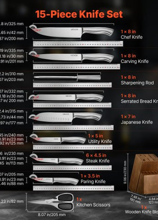 Kitchen Knife Set with Block and Sharpener, 15 Piece German High Carbon Stainless Steel  Sharp Knife Set, Kitchen Cutlery with Ergonomic Handle, Sharpening Rod and Wooden Block, for Home Cooks