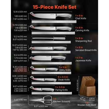 Kitchen Knife Set with Block and Sharpener, 15 Piece German High Carbon Stainless Steel  Sharp Knife Set, Kitchen Cutlery with Ergonomic Handle, Sharpening Rod and Wooden Block, for Home Cooks