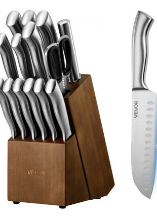 Kitchen Knife Set with Block and Sharpener, 15 Piece German High Carbon Stainless Steel  Sharp Knife Set, Kitchen Cutlery with Ergonomic Handle, Sharpening Rod and Wooden Block, for Home Cooks