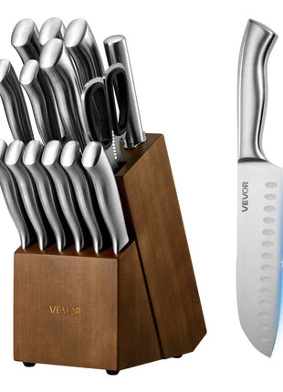 Kitchen Knife Set with Block and Sharpener, 15 Piece German High Carbon Stainless Steel  Sharp Knife Set, Kitchen Cutlery with Ergonomic Handle, Sharpening Rod and Wooden Block, for Home Cooks