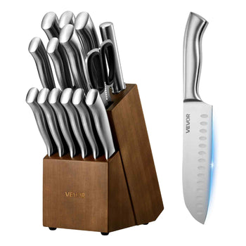 Kitchen Knife Set with Block and Sharpener, 15 Piece German High Carbon Stainless Steel  Sharp Knife Set, Kitchen Cutlery with Ergonomic Handle, Sharpening Rod and Wooden Block, for Home Cooks