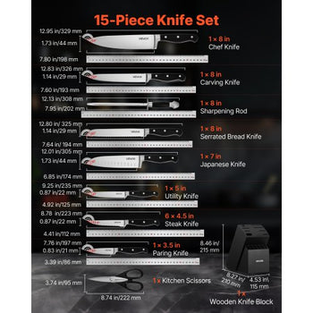 Kitchen Knife Set with Block and Sharpener, 15 Piece High Carbon Stainless Steel Sharp Knife Set, Kitchen Cutlery with Crack-Resistant Handle, Sharpening Rod and Wooden Block, for Home Cooks