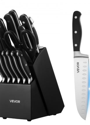 Kitchen Knife Set with Block and Sharpener, 15 Piece High Carbon Stainless Steel Sharp Knife Set, Kitchen Cutlery with Crack-Resistant Handle, Sharpening Rod and Wooden Block, for Home Cooks