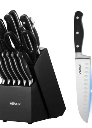 Kitchen Knife Set with Block and Sharpener, 15 Piece High Carbon Stainless Steel Sharp Knife Set, Kitchen Cutlery with Crack-Resistant Handle, Sharpening Rod and Wooden Block, for Home Cooks
