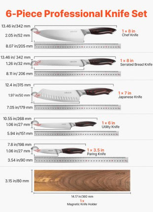 Kitchen Knife Set, 6 Piece High Carbon Stainless Steel Sharp Knife Set, Professional Kitchen Cutlery with Ergonomic Crack-Resistant Handle, and Walnut Finish Powerful Magnetic Knives Holder