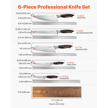 Kitchen Knife Set, 6 Piece High Carbon Stainless Steel Sharp Knife Set, Professional Kitchen Cutlery with Ergonomic Crack-Resistant Handle, and Walnut Finish Powerful Magnetic Knives Holder