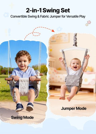 Toddler Swing and Jumper, 2 in 1 Swing Set and Bouncer, Soft Cushion with Foldable A-Frame Metal Stand, Heavy-Duty Thick Ropes, Easy to Install and Store, for Indoor or Outdoor Play, Gray