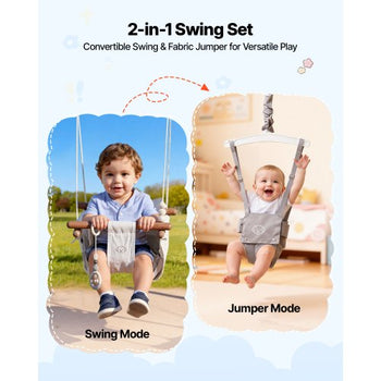 Toddler Swing and Jumper, 2 in 1 Swing Set and Bouncer, Soft Cushion with Foldable A-Frame Metal Stand, Heavy-Duty Thick Ropes, Easy to Install and Store, for Indoor or Outdoor Play, Gray